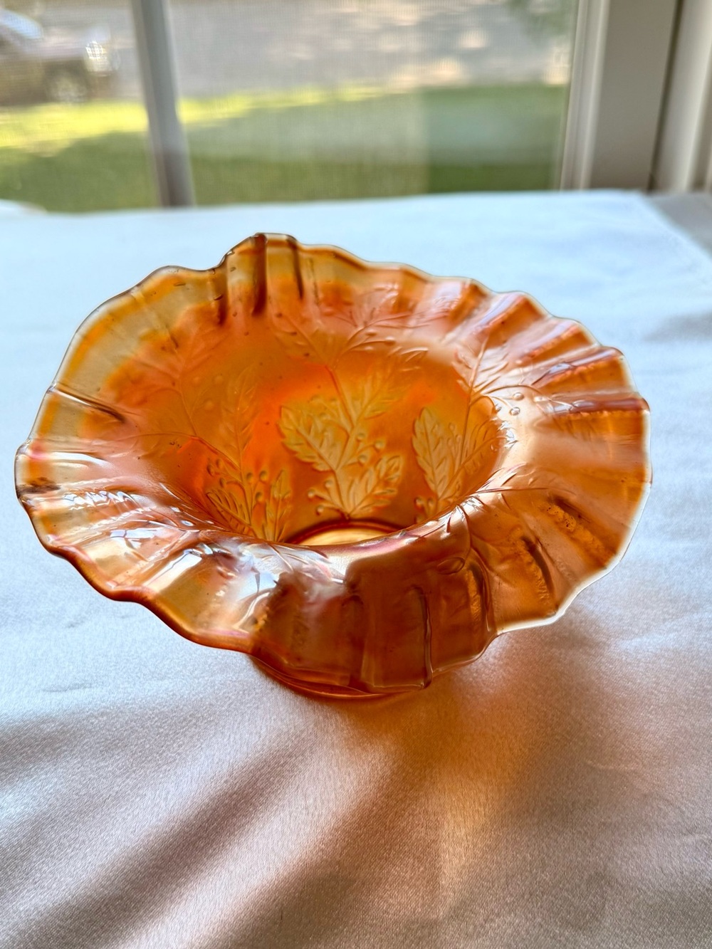 Vintage Orange Glass Bowl w/ Crimped and Ruffled Edge, 6”(D) x 3”(H) Approximate